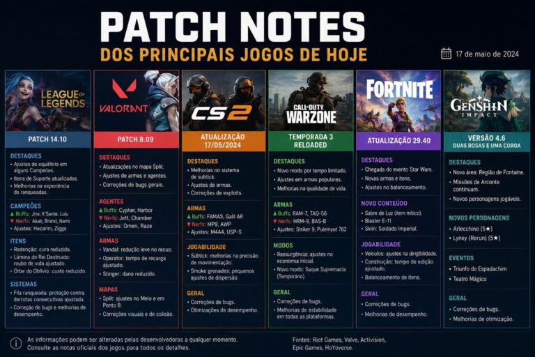 Patch notes dos principais jogos de hoje